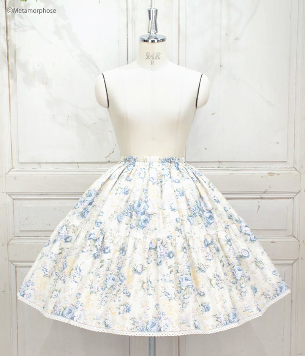 metamorphose frill shirring skirt (flower print) - ivory × sax - 2023